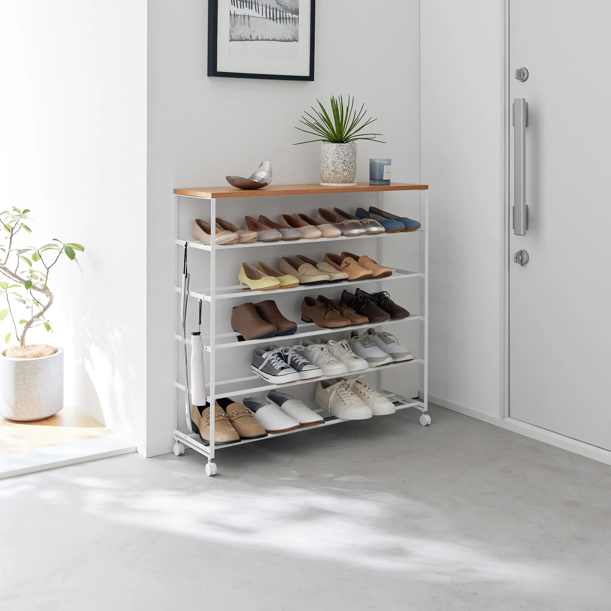 5-Tiered Wood-Top Shoe Rack with Casters - Image 2